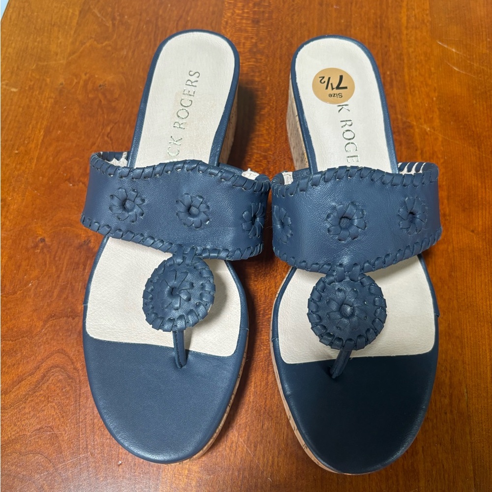 NEW JACK ROGERS Navy Blue Leather with Cork Heel size 7 1/2